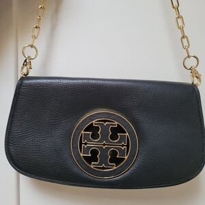 Tory Burch Black Leather Shoulder Bag (11" X 7") With 28" Gold Chain.